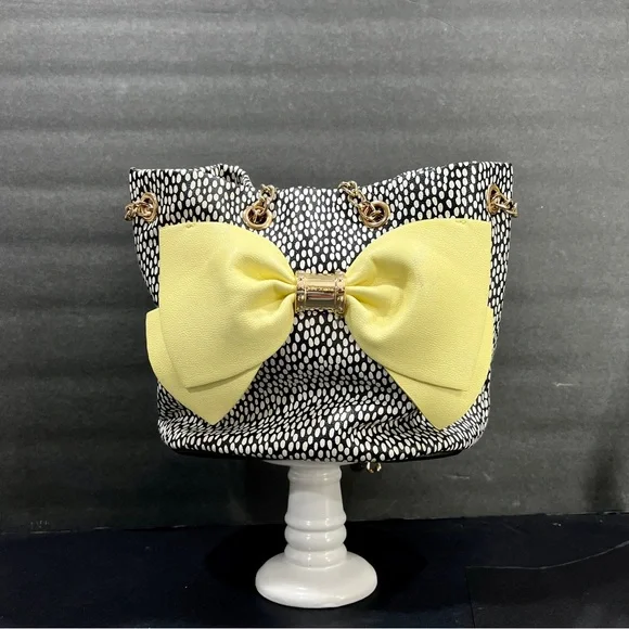 Betsey Johnson Yellow & Black Polka Dot Bow Tote - Picture 6 of 11